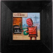 Raymond Campbell, Rob's garage, oil on panel, signed, 11cm x 11cm, framed Very good condition