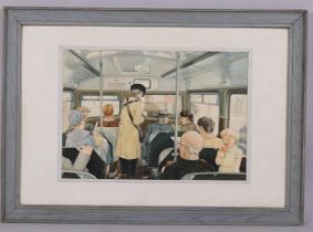 John Blundell, bus interior, watercolour, signed and dated 1959, 35cm x 50cm, framed Image in very