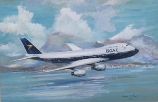 Miles O'Reilly, de Havilland Comet and BOAC Boeing 747, pair of watercolour/gouache on paper, signed