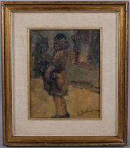 Abstract standing figure, oil on board, indistinctly signed, 23.5cm x 19cm, framed Good condition