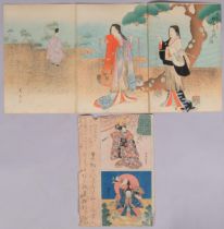 Japanese colour woodblock triptych, figures in gardens, 35cm x 23cm each, together with 1 other