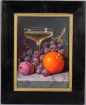 Raymond Campbell, still life orange with fruit and glass, oil on canvas, signed, 24cm x 18cm, framed