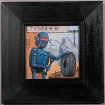 Raymond Campbell, Tyres 4 U, oil on panel, signed, 11cm x 11cm, framed Very good condition