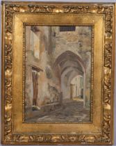 P Caruso, Italian street scene, oil on board, signed, 36cm x 25cm, framed Untouched condition, no