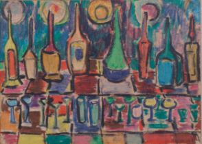 Abstract bottles and glasses, mixed media crayon/pastel on paper, unsigned, 19.5cm x 27cm, framed