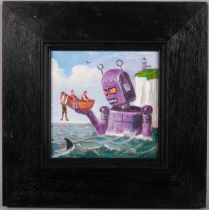 Raymond Campbell, Robot Lunch Arriving, oil on panel, signed, 11cm x 11cm, framed Very good