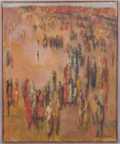 S Menichetti, crowd of people, oil on canvas, signed and dated '76, 61cm x 50cm, framed Good