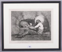 R Blyth after Mortimer, the captive, etching, published 1781, image 29cm x 38cm, framed Slight paper