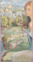 Girl in Continental landscape, early to mid-20th century oil on canvas, unsigned, 80cm x 42cm,