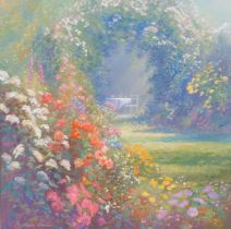 Christopher Osborne (born 1947), summer garden, oil on board, signed, 30cm x 30cm, framed Very