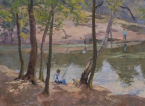 Alan Stenhouse Gourley (1909 - 1991), fishing scene Keston, oil on board, signed, 24cm x 34cm,