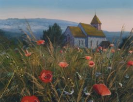 Paul Evans (born 1954), poppies, Westmeston near Ditchling, gouache, signed, 21cm x 28cm, framed