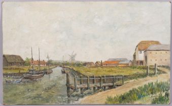 Canal scene Rye, 20th century oil on board, indistinctly signed, 31cm x 49cm, unframed Good