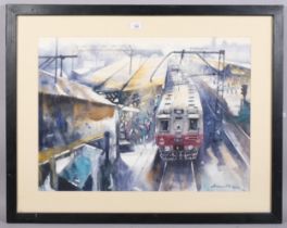 Ananta Mandal (Indian School), lower parel train Mumbai, watercolour, signed, 54cm x 75cm, framed