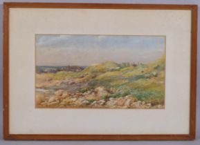 Helen Ohara, sheep in coastal landscape, signed with monogram, dated 1882, 22cm x 41cm, framed