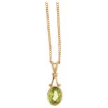 A modern 9ct gold peridot pendant necklace, rub-over set with oval mixed-cut peridot on 9ct fine