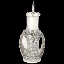 A Chinese sterling silver-mounted glass dimple scent flask, Hong Kong, maker KH, pierced dragon