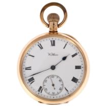 WALTHAM - an early 20th century 15ct gold open-face keyless pocket watch, white enamel dial with