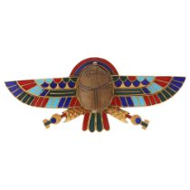 A Victorian Egyptian Archaeological Revival winged scarab beetle phoenix brooch, circa 1880, the