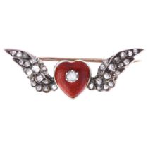 A 19th century red enamel and diamond heart wings brooch, circa 1890, central red and white enamel