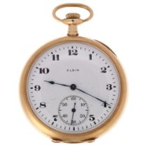 ELGIN - an American 14ct gold open-face keyless pocket watch, white enamel dial with Arabic