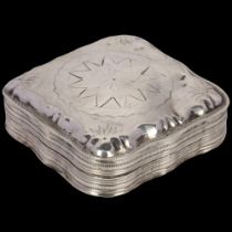 A Dutch silver snuffbox, shaped square form with bright-cut engraved star decoration, 5cm x 5cm, 0.