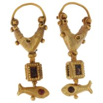 A pair of Ancient Roman style gold and garnet earrings, circa 20th century, the central loop with
