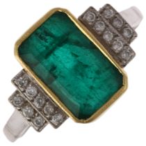 An Art Deco style emerald and diamond dress ring, mid-20th century, rub-over set with 1.9ct
