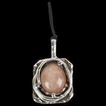 DANSK SMYKKEKUNST - a large Danish brutalist silver plated rose quartz abstract pendant necklace, on