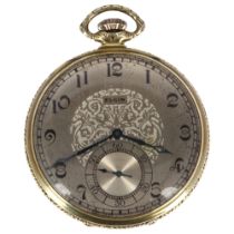 ELGIN - an Art Deco 14k gold filled open-face keyless slimline pocket watch, silvered dial with hand