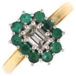 An 18ct gold diamond and emerald cluster ring, claw set with 0.48ct emerald-cut diamond and round-