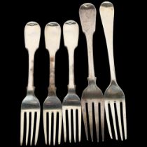 5 silver forks, including George III and Victorian, maker's include William Eley I & William