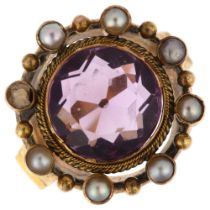 A large 19th century amethyst and pearl openwork ring, circa 1820, central rub-over set round-cut