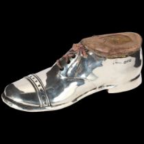 A George V novelty silver shoe combination pin cushion/ring box, S Blanckensee & Son Ltd, Chester