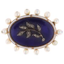 CHILD & CHILD - a rose gold enamel pearl and diamond floral mourning brooch, circa 1900, the central