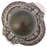 A modern 14ct white gold grey Tahitian pearl and diamond cluster cocktail ring, in Art Deco style,