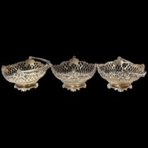 A set of 3 Edwardian silver pedestal bon bon baskets, William Comyns & Sons, London 1907, circular