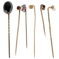 6 Antique gem set stickpins, including diamond and banded agate, 7.9g total No damage or repair, all