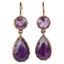 A pair of Edwardian amethyst drop earrings, cut-down collet settings with pear and round-cut