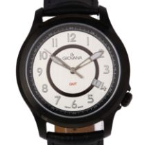 GROVANA - a PVD coated stainless steel GMT quartz calendar wristwatch, ref. 1632.1, silvered dial