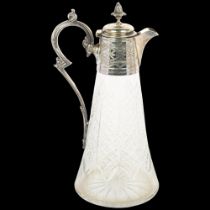 An early 20th century silver plate mounted glass Claret jug, acanthus finial with bright-cut