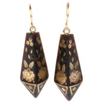 A pair of Victorian gold and silver pique inlaid tortoiseshell drop earrings, circa 1870, the half