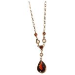 A late 20th century 9ct gold garnet and split pearl pendant necklace, 40cm, 2.8g No damage or