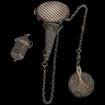 A 19th century French silver chatelaine, maker EG, with 3 Victorian English silver attachments,