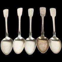 5 x 19th century silver Fiddle pattern dessert spoons, including George III, makers include