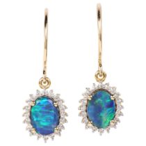 A pair of 9ct gold opal triplet and cubic zirconia oval cluster drop earrings, with shepherd hook