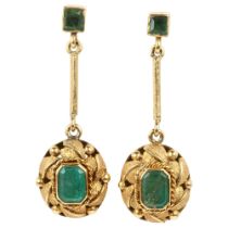 A pair of late 20th century emerald drop earrings, rub-over set with octagonal and square step-cut