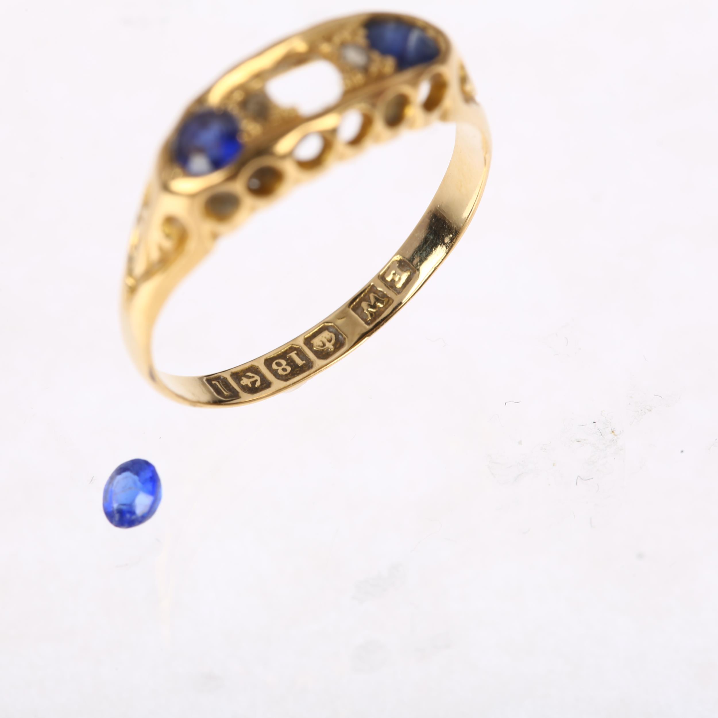 An early 20th century 18ct gold sapphire and diamond half hoop ring, maker EW, Birmingham 1910, - Image 2 of 4