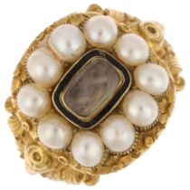 An early 19th century 18ct gold black enamel split pearl and hairwork mourning ring, maker WE,