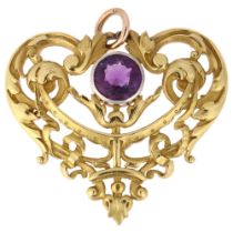 A French 18ct gold amethyst openwork pendant/brooch, circa 1900, pierced and relief foliate